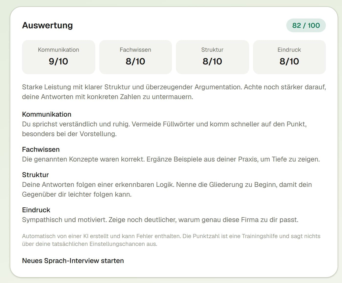 Auswertung eines Interviews mit Score 82 von 100, Noten und Feedback