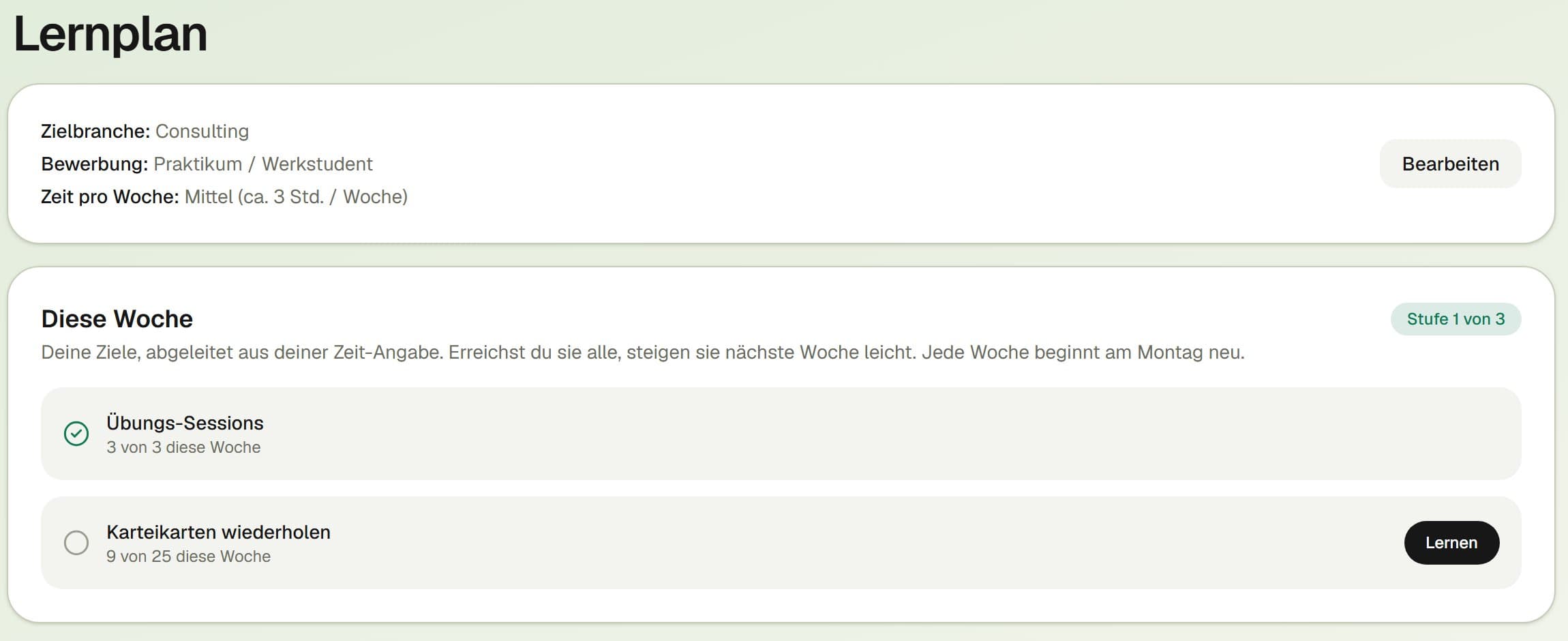 Lernplan mit Wochenzielen für Übungs-Sessions und Karteikarten
